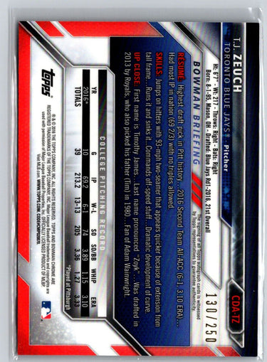2016 Bowman Draft #CDA-TZ T.J. Zeuch Chrome Auto Purple Refractor #/250 E19