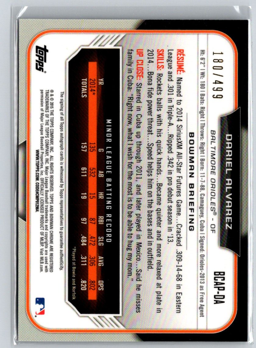 2015 Bowman #BCAP-DA Dariel Alvarez Chrome Auto Refractor #/499 E19