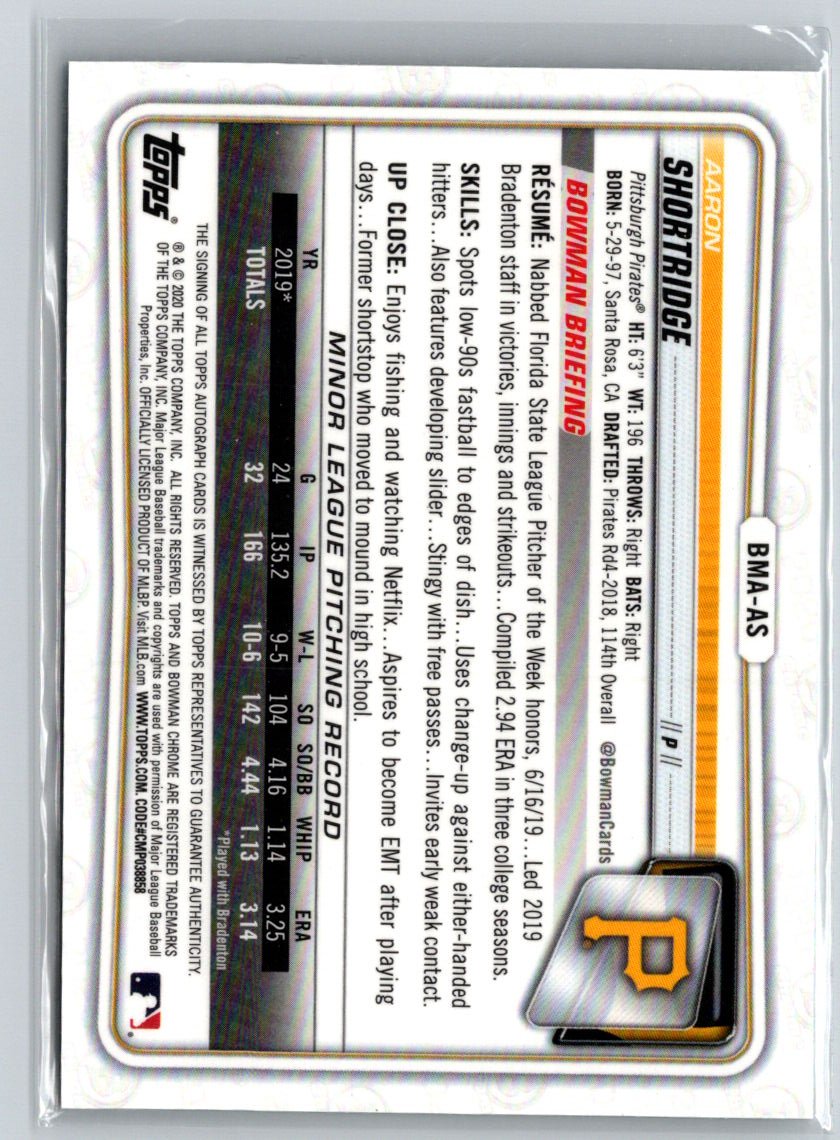 2020 Bowman #BMA-AS Aaron Shortridge Chrome Prospect Auto Mojo Refractor E18
