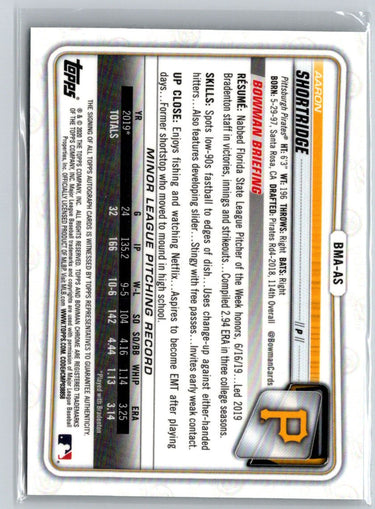 2020 Bowman #BMA-AS Aaron Shortridge Chrome Prospect Auto Mojo Refractor E18
