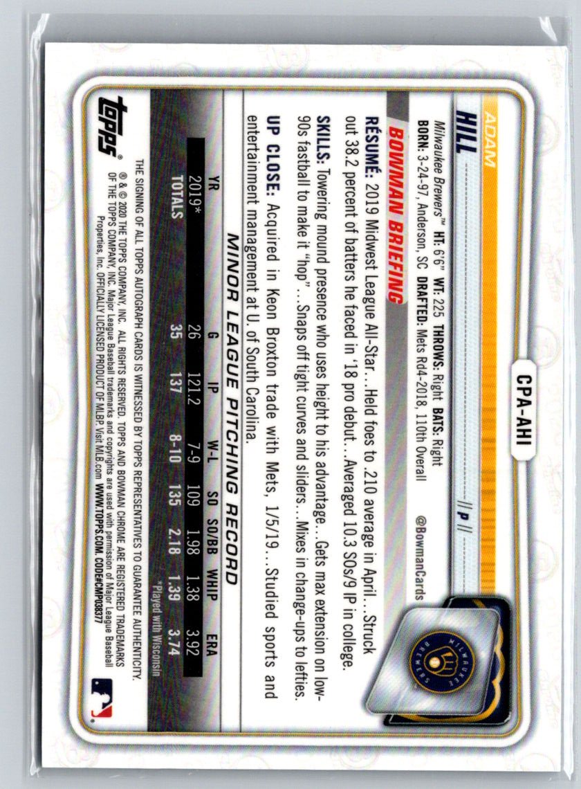 2020 Bowman #CPA-AHI Adam Hill Chrome Prospect Auto Blue Refractor #/150 E18