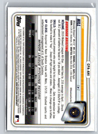 2020 Bowman #CPA-AHI Adam Hill Chrome Prospect Auto Blue Refractor #/150 E18