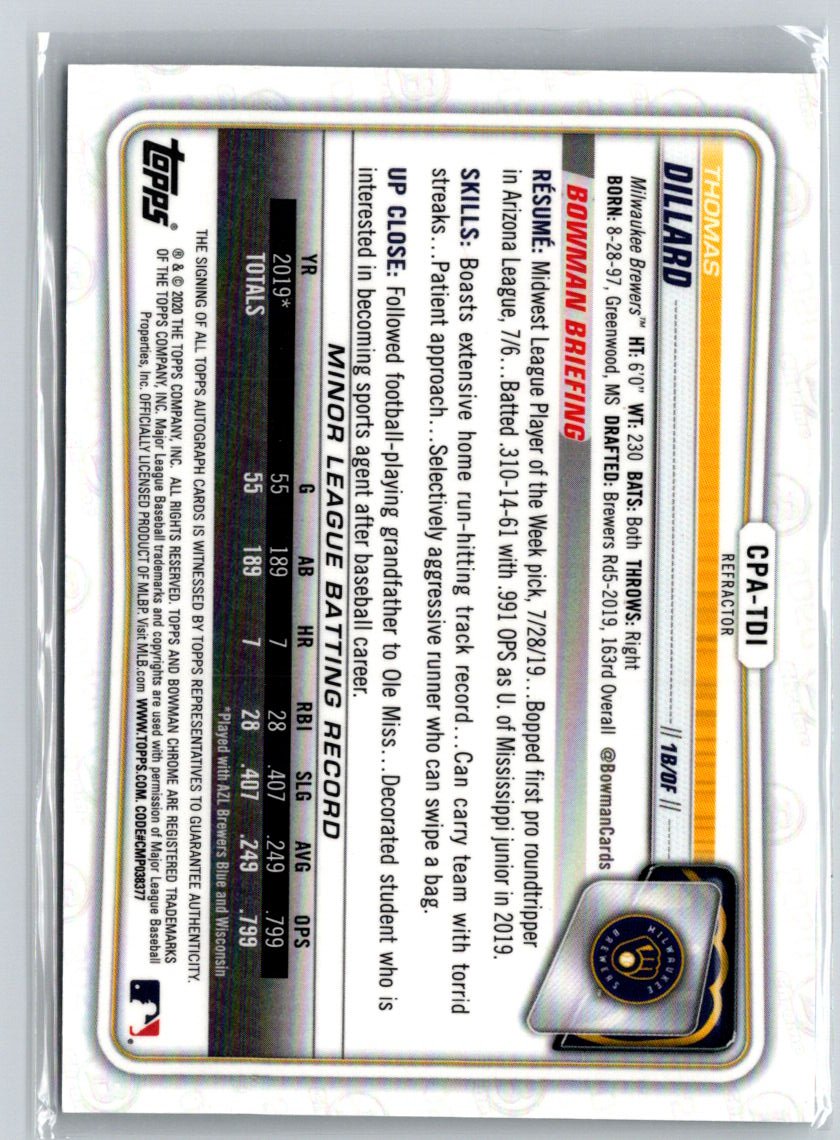 2020 Bowman #CPA-TDI Thomas Dillard Chrome Prospect Auto Refractor #/499 E18