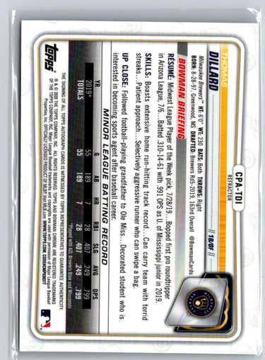 2020 Bowman #CPA-TDI Thomas Dillard Chrome Prospect Auto Refractor #/499 E18