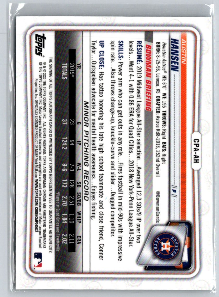 2020 Bowman Chrome #CPA-AH Austin Hansen Prospect Autographs E20