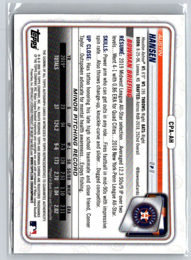 2020 Bowman Chrome #CPA-AH Austin Hansen Prospect Autographs E20