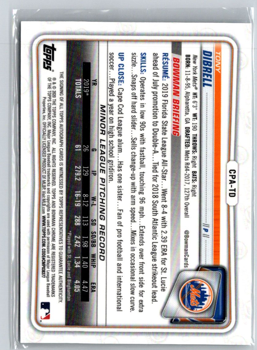 2020 Bowman #CPA-TD Tony Dibrell Chrome Prospect Autographs E20