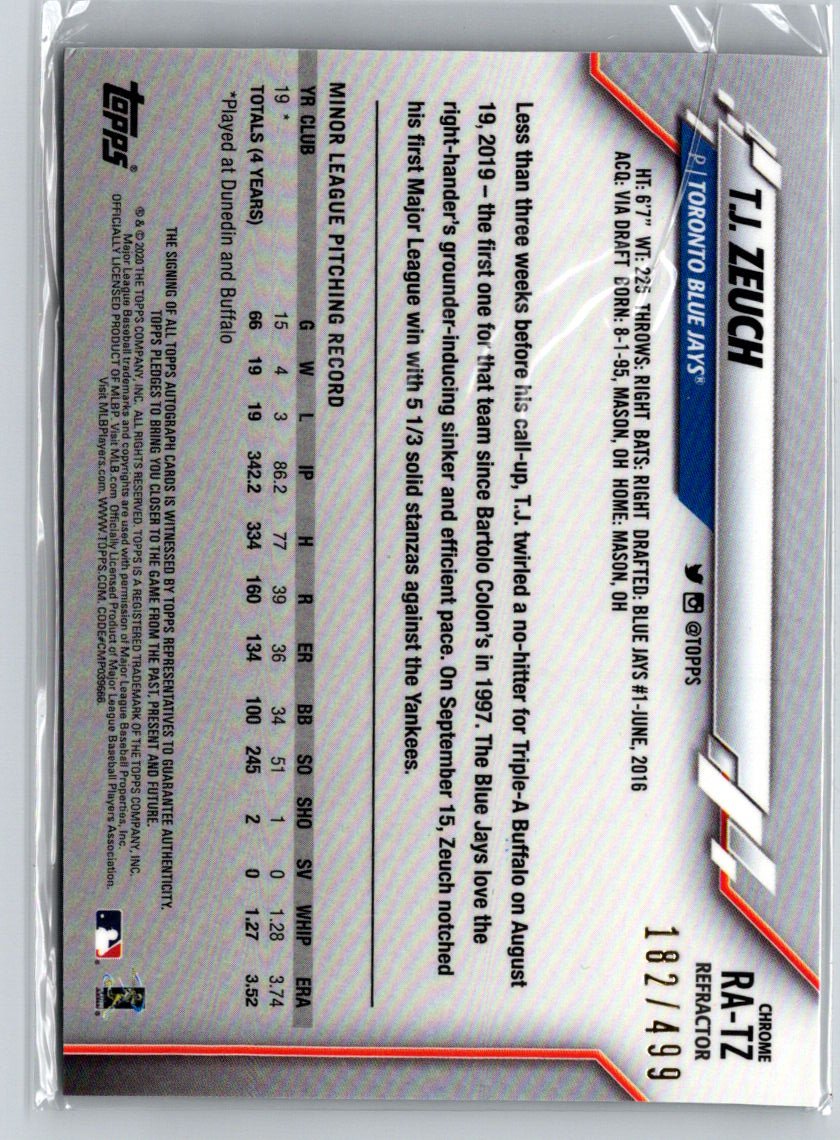 2020 Topps Chrome #RA-TZ T.J. Zeuch Rookie Autographs Refractor #/499 E20
