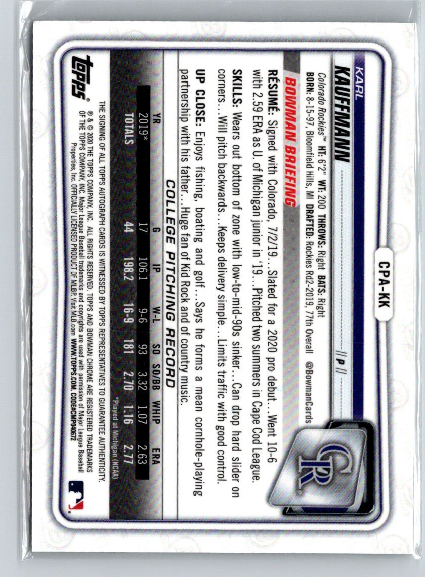 2020 Bowman Chrome #CPA-KK Karl Kauffmann Prospect Autographs E20