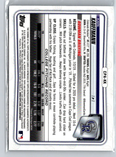 2020 Bowman Chrome #CPA-KK Karl Kauffmann Prospect Autographs E20