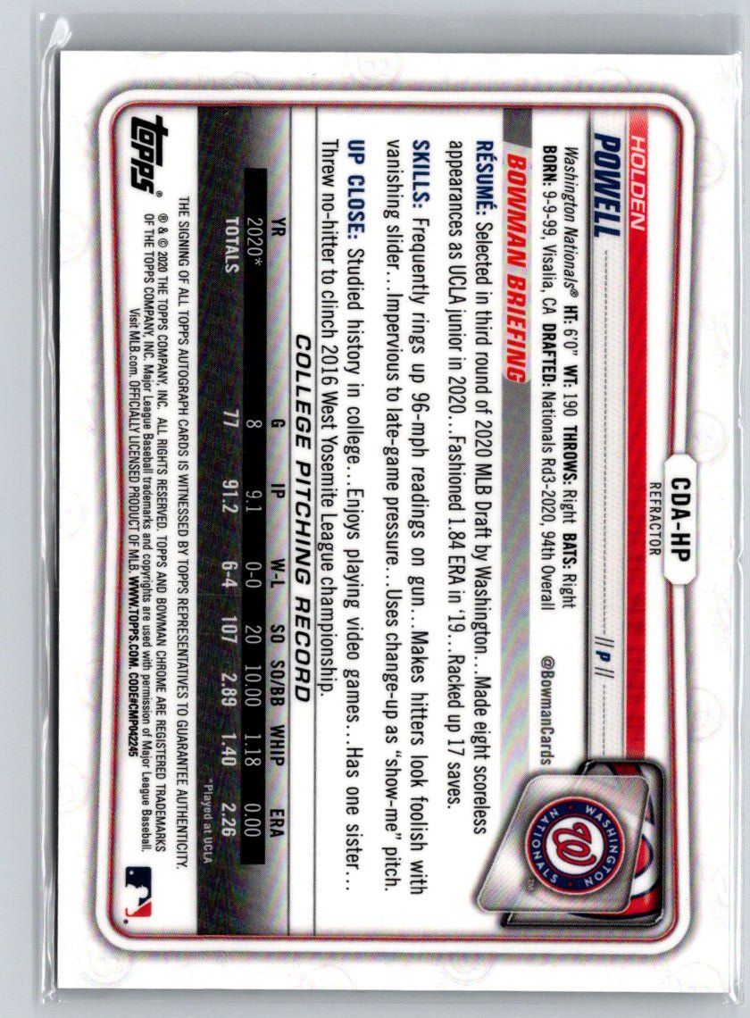 2020 Bowman Draft #CDA-HP Holden Powell Chrome Auto Refractor #/499 E20