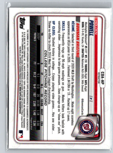 2020 Bowman Draft #CDA-HP Holden Powell Chrome Auto Refractor #/499 E20