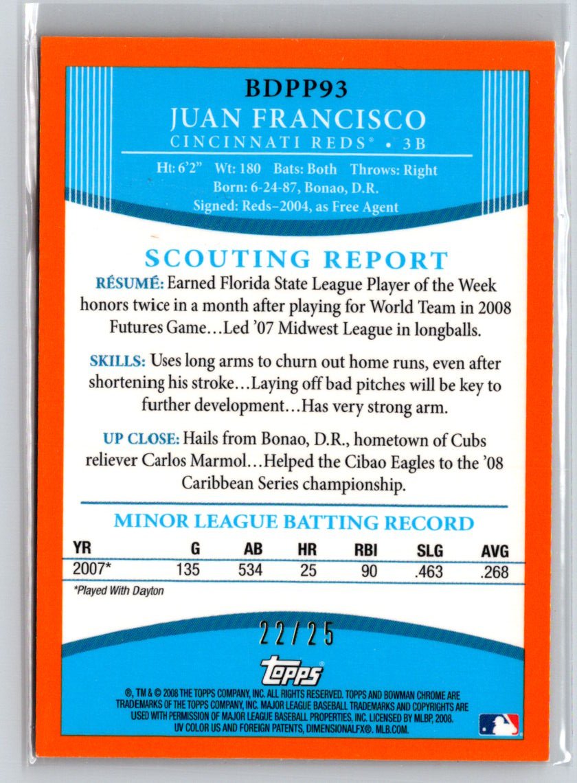 2008 Bowman Draft #BDPP93 Juan Francisco Chrome Orange Refractors #/25 E21