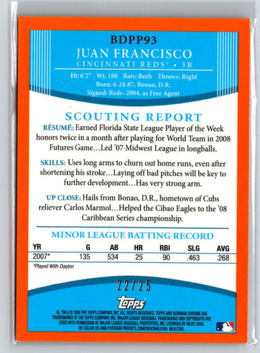 2008 Bowman Draft #BDPP93 Juan Francisco Chrome Orange Refractors #/25 E21
