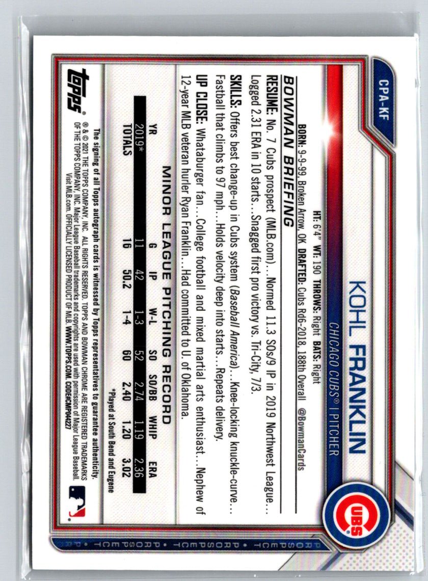 2021 Bowman #CPA-KF Kohl Franklin Chrome Prospect Autographs E22