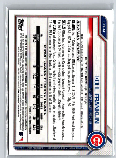 2021 Bowman #CPA-KF Kohl Franklin Chrome Prospect Autographs E22