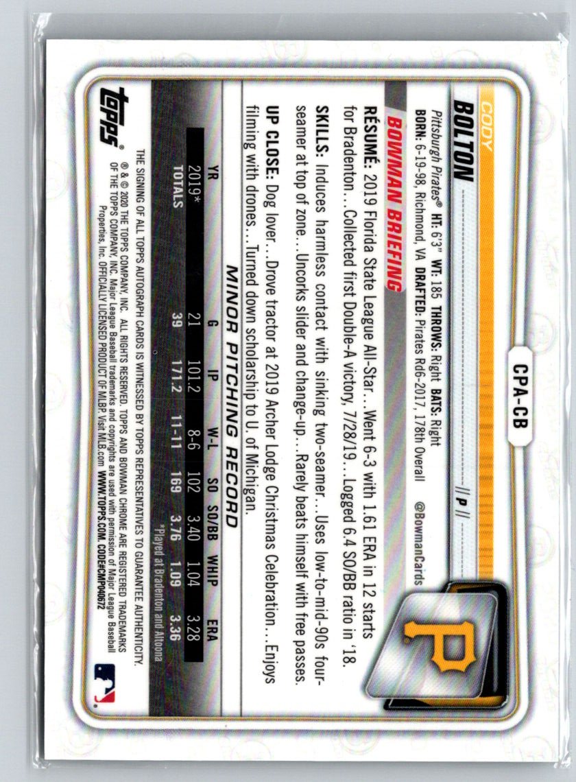 2020 Bowman Chrome #CPA-CB Cody Bolton Prospect Autographs E22