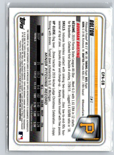 2020 Bowman Chrome #CPA-CB Cody Bolton Prospect Autographs E22