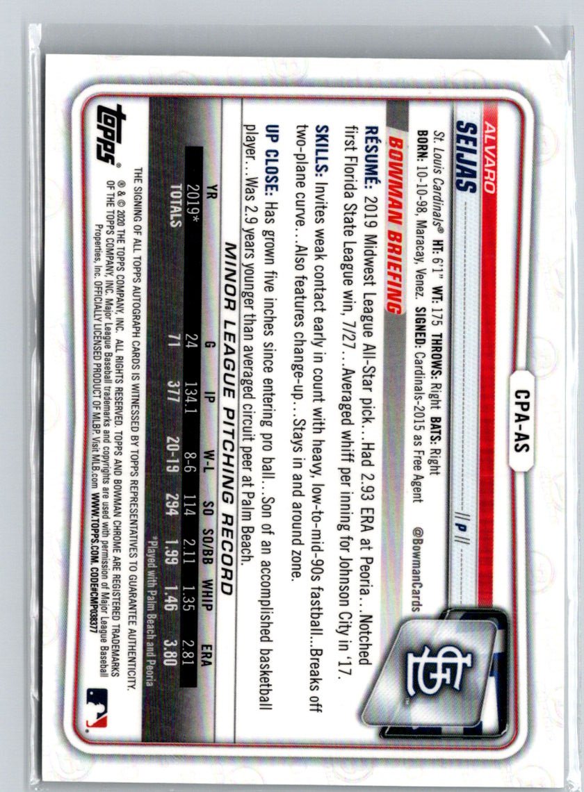2020 Bowman #CPA-AS Alvaro Seijas Chrome Prospect Autographs E22