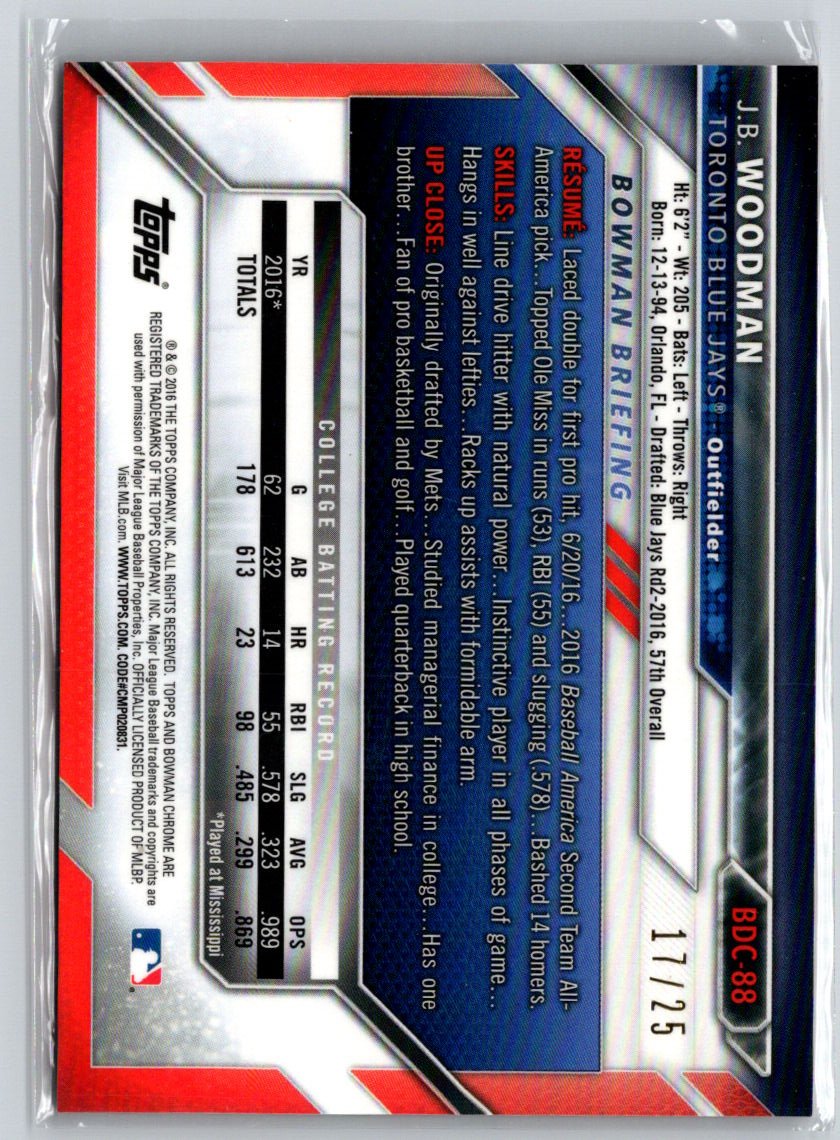 2016 Bowman Draft #BDC-88 J.B. Woodman Chrome Orange Refractor #/25 E21