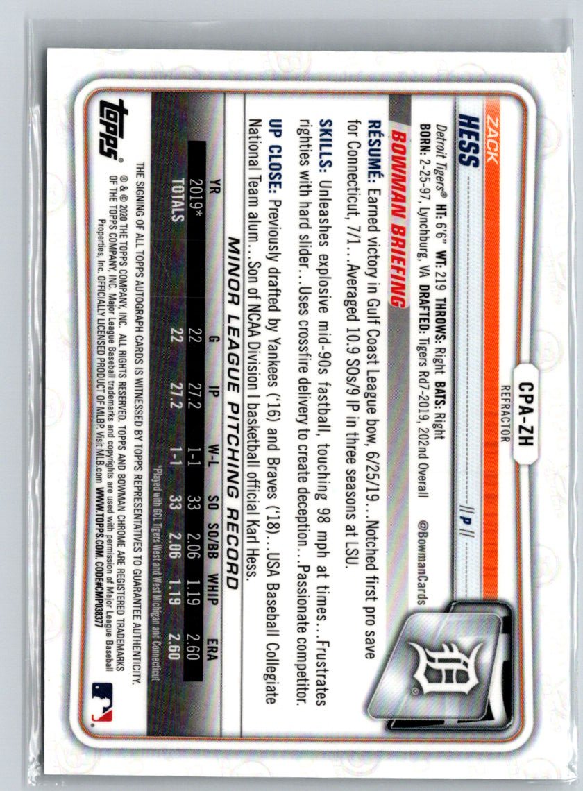 2020 Bowman #CPA-ZH Zack Hess Chrome Prospect Autographs Refractor #/499 E22