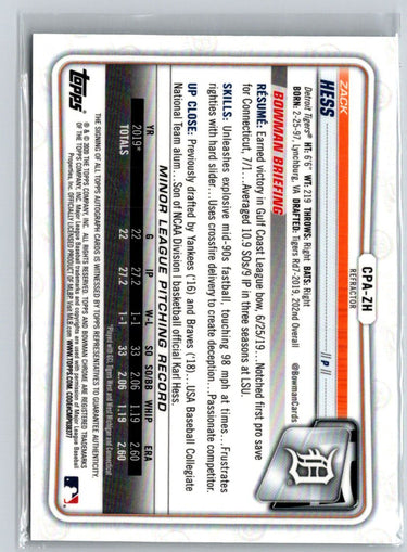 2020 Bowman #CPA-ZH Zack Hess Chrome Prospect Autographs Refractor #/499 E22