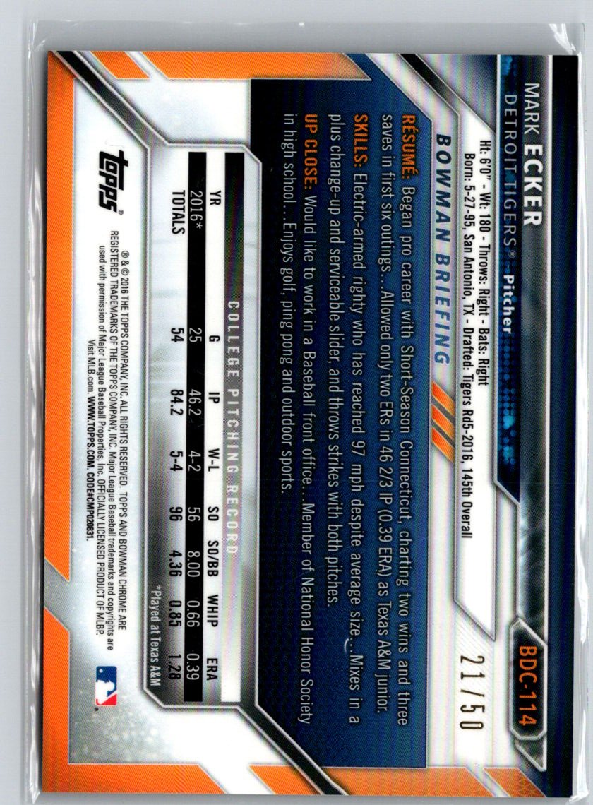 2016 Bowman Draft #BDC-114 Mark Ecker Chrome Gold Refractor #/50 E21