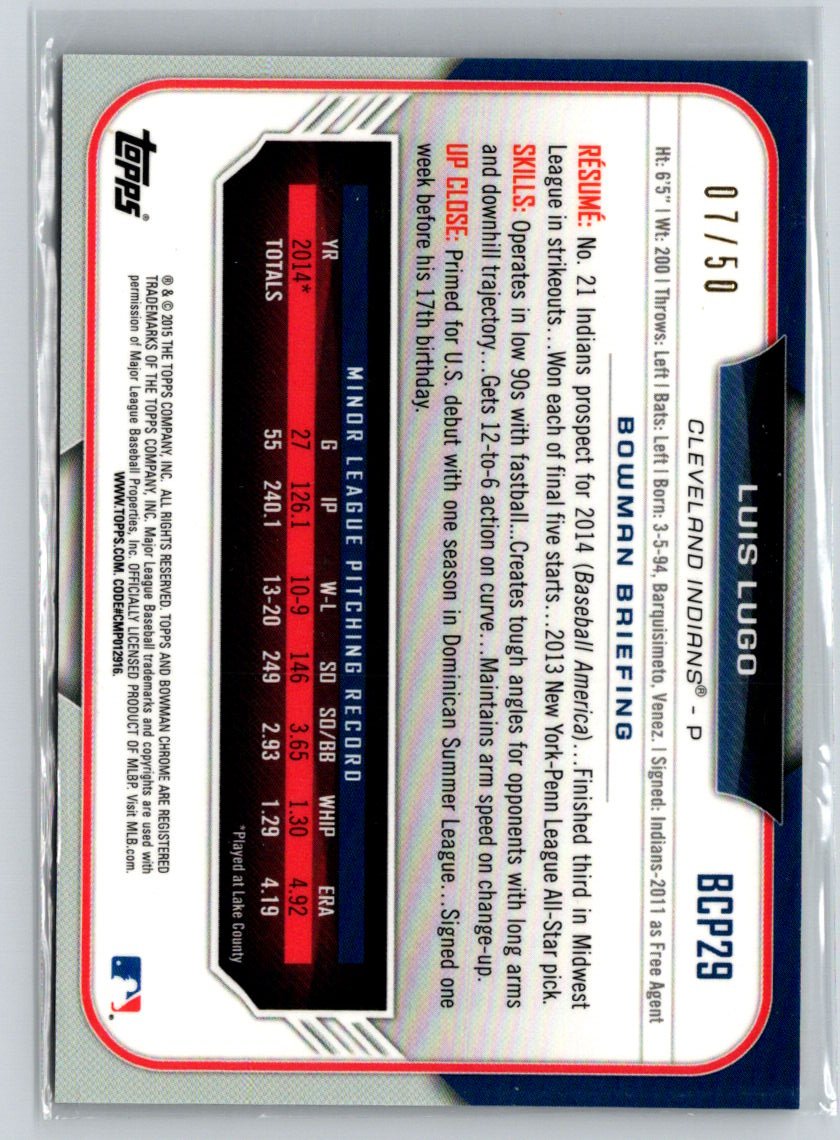 2015 Bowman - Chrome Prospects Gold Refractors #BCP29 Luis Lugo #/50 E21