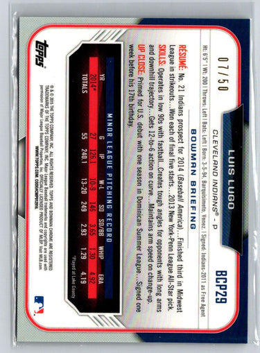 2015 Bowman - Chrome Prospects Gold Refractors #BCP29 Luis Lugo #/50 E21
