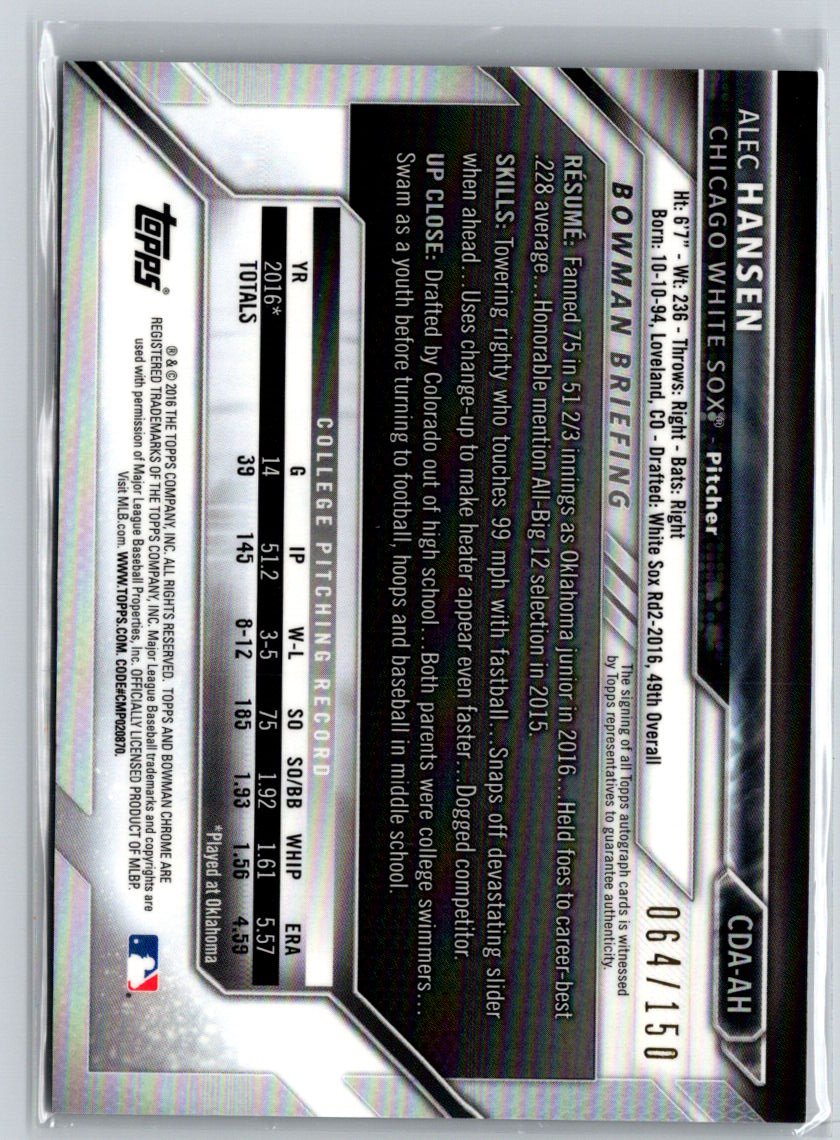 2016 Bowman Draft Alec Hansen Chrome Auto Blue Refractor #/150 E22