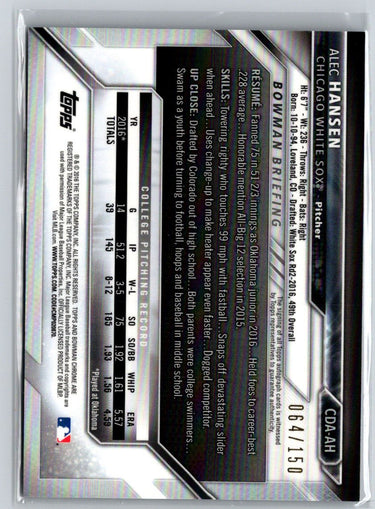 2016 Bowman Draft Alec Hansen Chrome Auto Blue Refractor #/150 E22