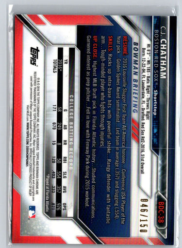 2016 Bowman Draft #BDC-38 C.J. Chatham Chrome Blue Refractor #/150 E21