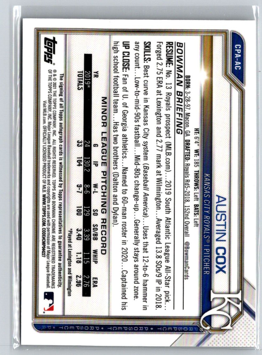 2021 Bowman #CPA-AC Austin Cox Chrome Prospect Autographs E22