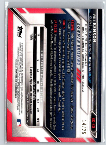 2016 Bowman Draft #BD-80 Will Benson Orange Border #/25 E21