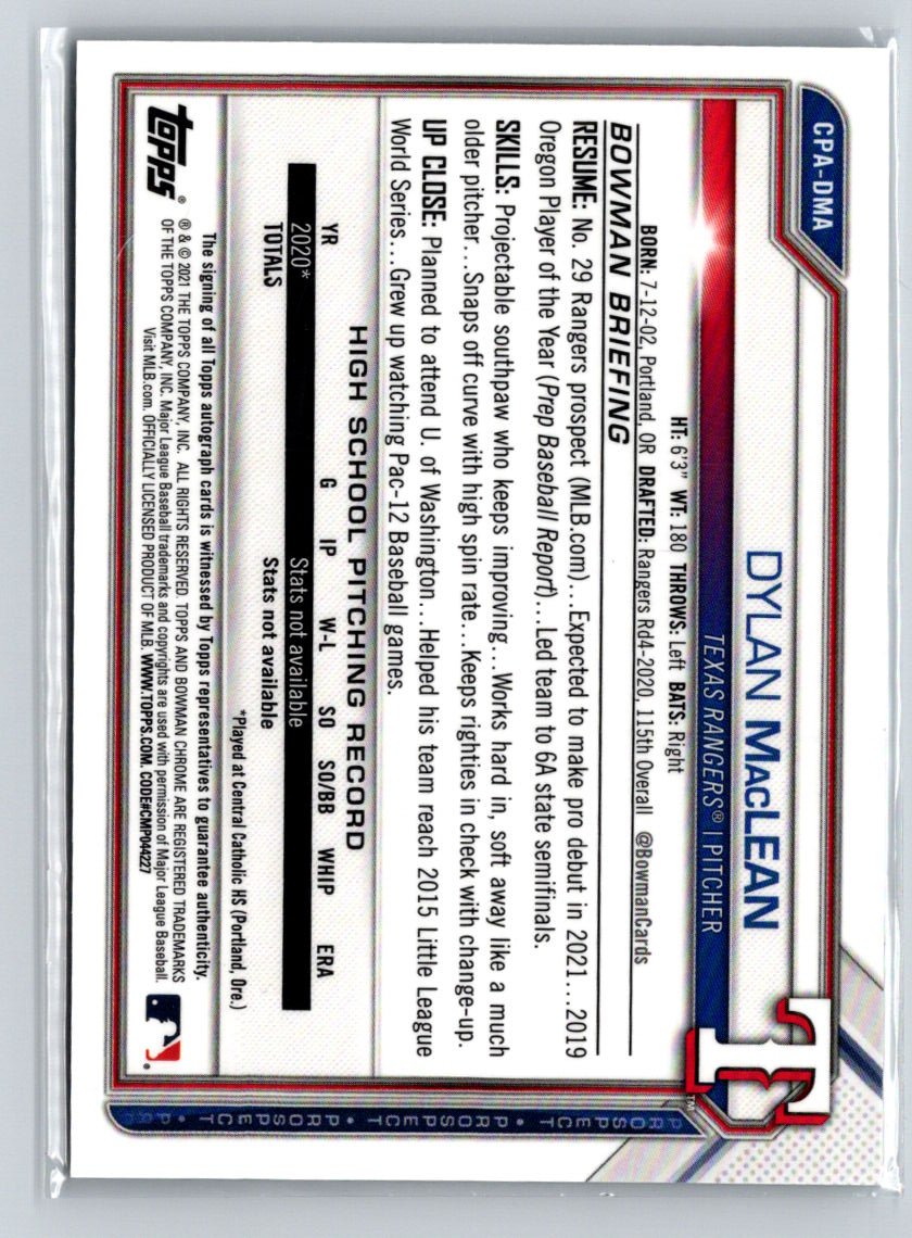 2021 Bowman #CPA-DMA Dylan MacLean Chrome Prospect Autographs E22