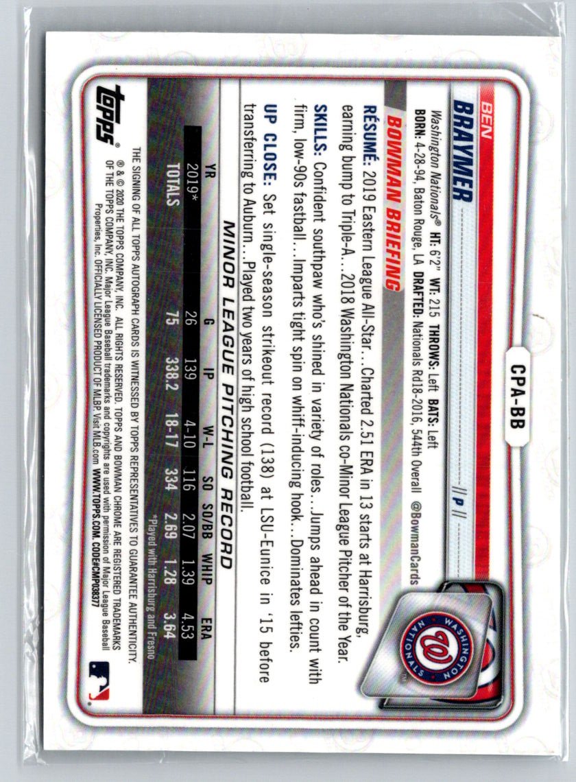 2020 Bowman #CPA-BB Ben Braymer Chrome Prospect Autographs E23