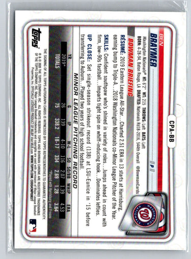 2020 Bowman #CPA-BB Ben Braymer Chrome Prospect Autographs E23