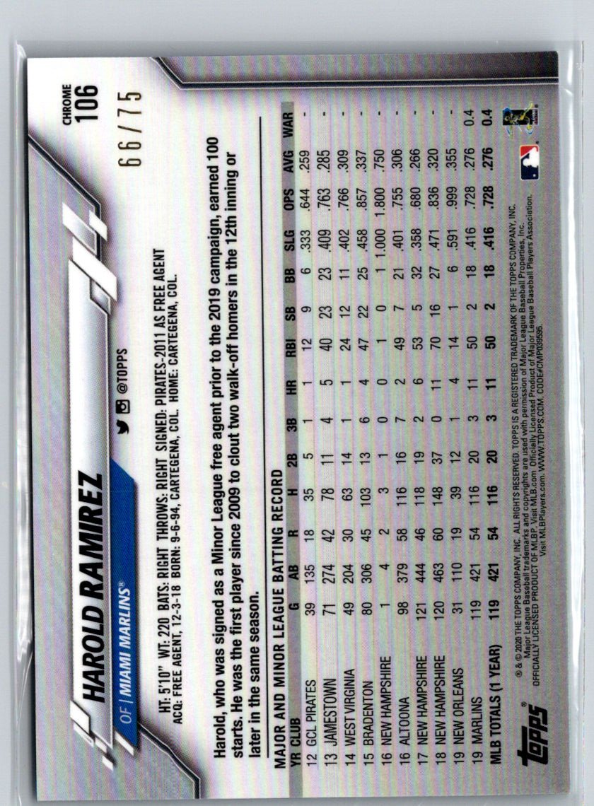 2020 Topps Chrome #106 Harold Ramirez Blue Wave Refractor #/75 E23