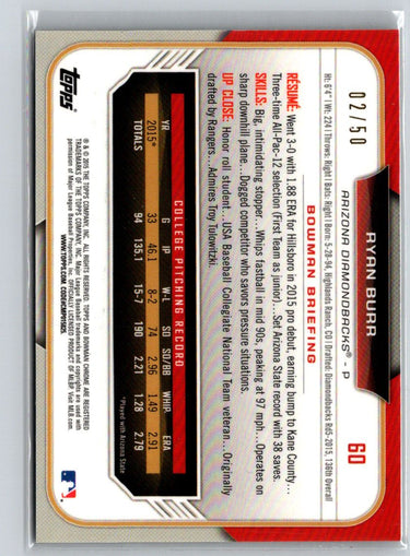2015 Bowman Draft #60 Ryan Burr Chrome Gold Refractors #/50 E23