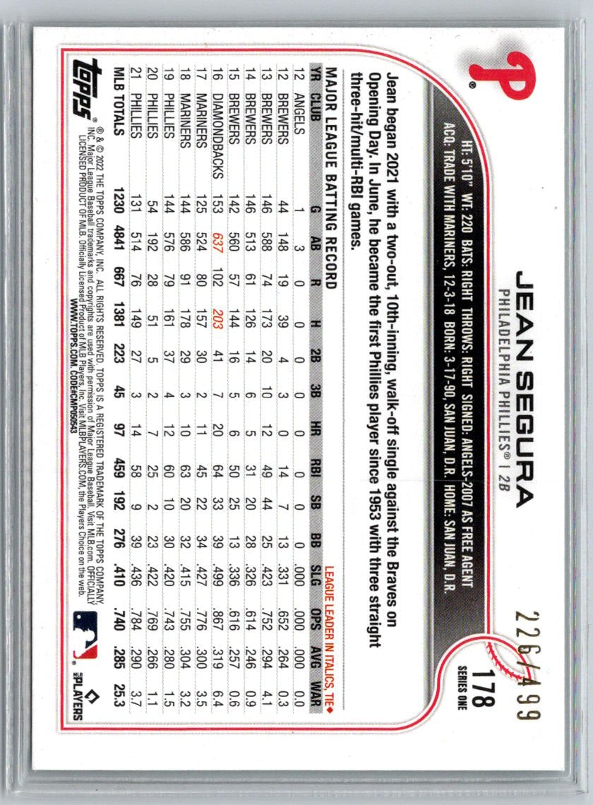 2022 Topps #178 Jean Segura Green Foilboard #/499 E23