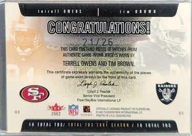 2002 Fleer Genuine Terrell Owens / Tim Brown TD Threats Patches #/26 D15