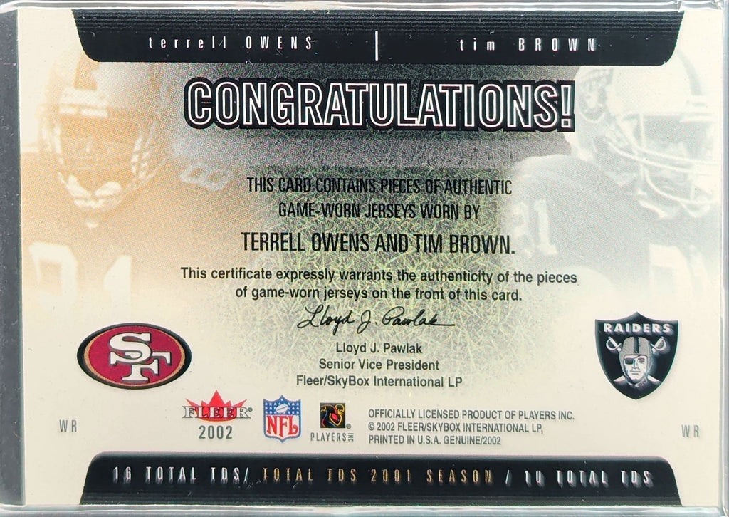 2002 Fleer TD Threats Terrell Owens Tim Brown Dual GU Jersey Card