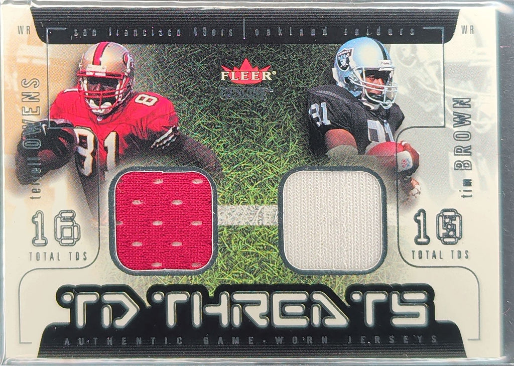 2002 Fleer TD Threats Terrell Owens Tim Brown Dual GU Jersey Card