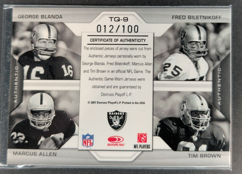 2007 Limited Blanda Biletnikoff Marcus Allen Tim Brown Quad Jersey #/100 D19