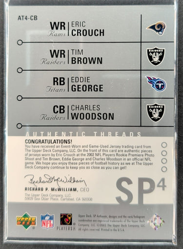 2002 SP Authentic Crouch Tim Brown George Woodson Quad Jersey #/100 D19