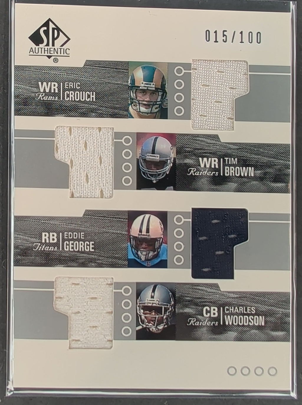 2002 SP Authentic Crouch Tim Brown George Woodson Quad Jersey #/100 D19