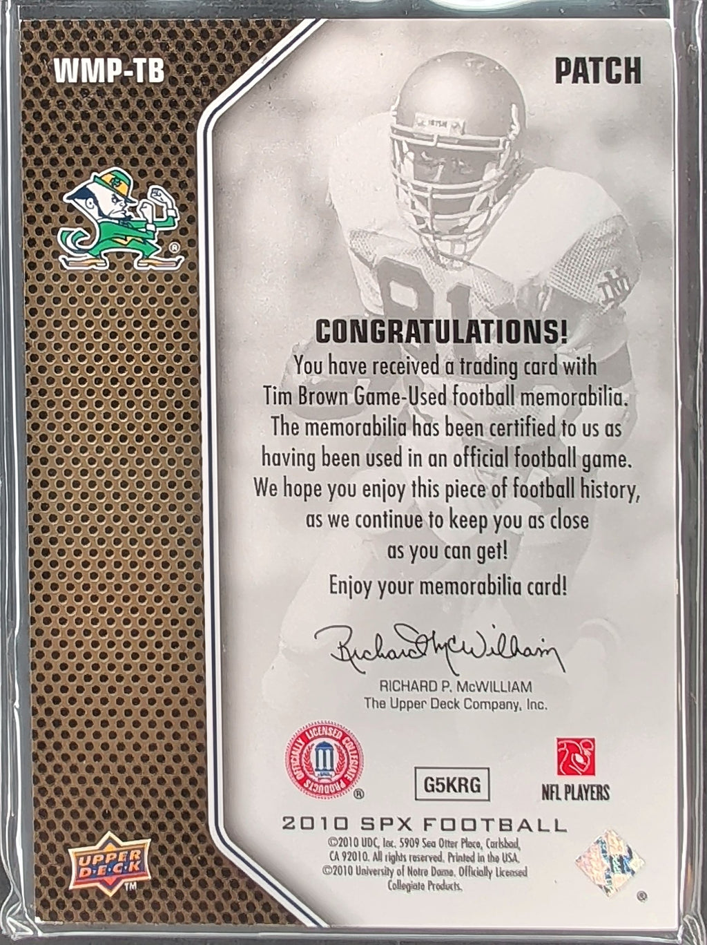 2010 SPx #WMP-TB Tim Brown Winning Materials Patch #/125 D19