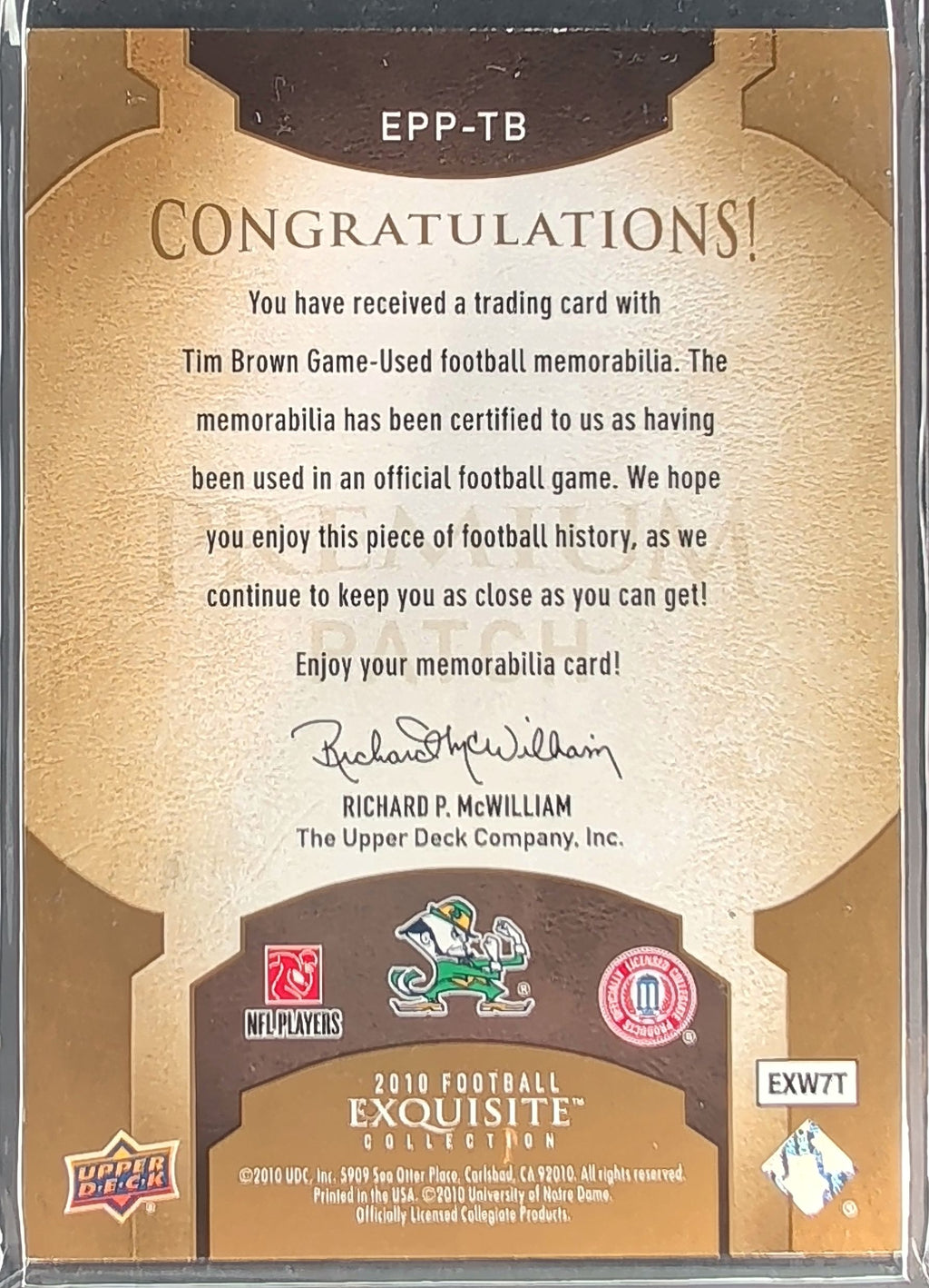 2010 Upper Deck Exquisite Collection #EPP-TB Tim Brown Premium Patch #/75 D20