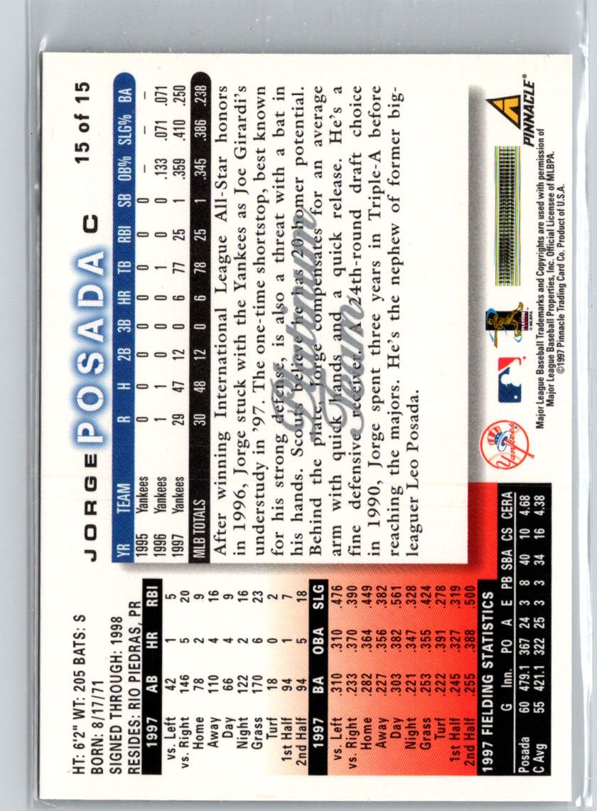 1998 Score New York Yankees #15 Jorge Posada Platinum Team F2