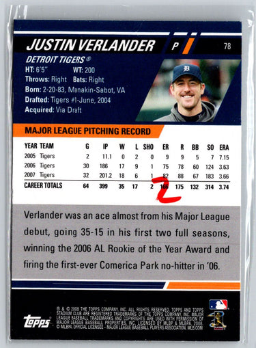2008 Stadium Club #78 Justin Verlander First Day Issue Retail F2